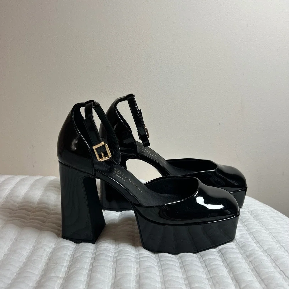 Chinese Laundry Black Patent Platform Pumps Square Toe Block Heel Womens 7